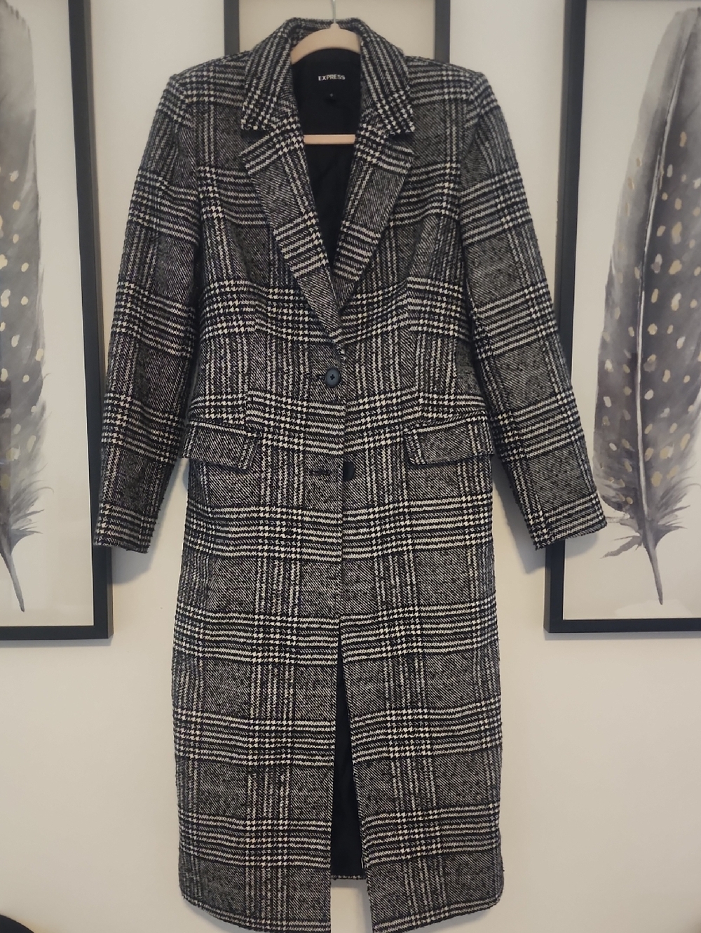 Express Black, Gray & White Plaid Long Trench Coat